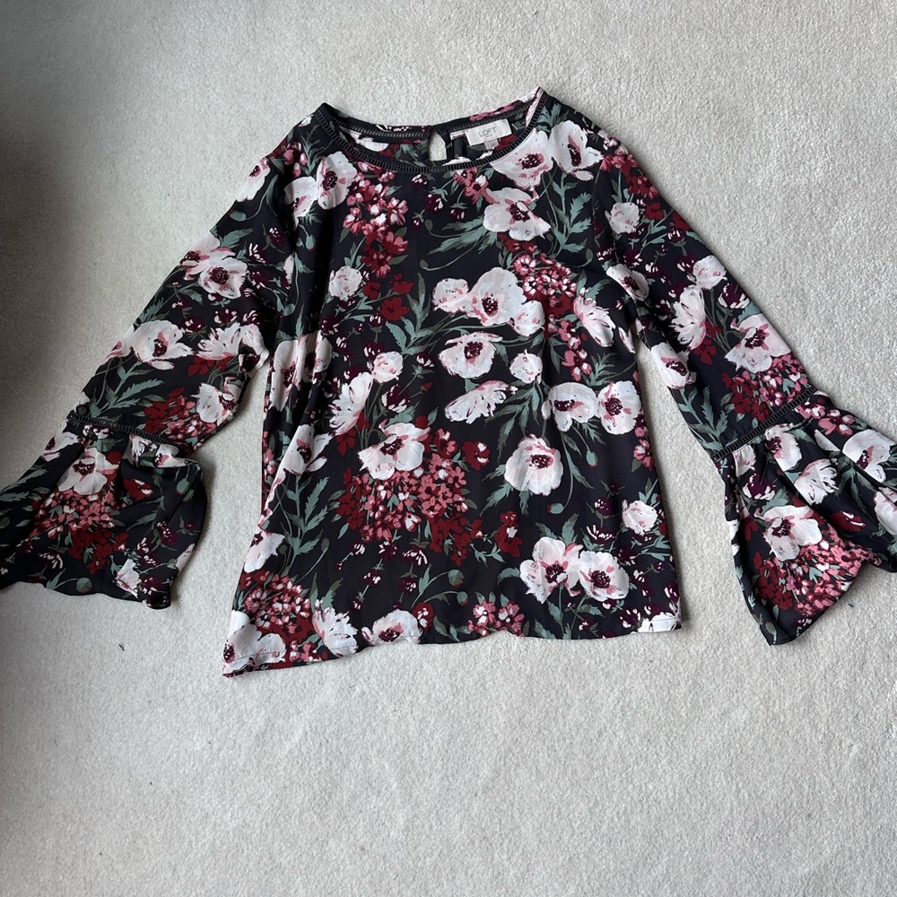 LOFT Black Floral Bell-Sleeve Blouse with Pink & Burgundy Blooms